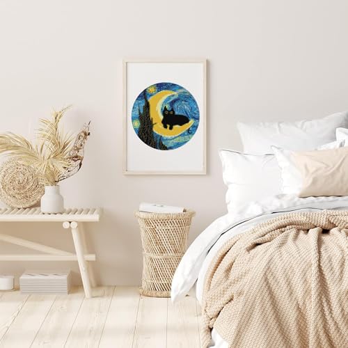 Image of 4 Pack Stamped Cross Stitch Kits with Frame - Black Cat Flower Starry Sky Moon Embroidery Kits for Beginners Adults,11 CT Patterns Dimensions Counted Cross Stitch Kits Arts Craft Kits 7.8 x 7.8 inch