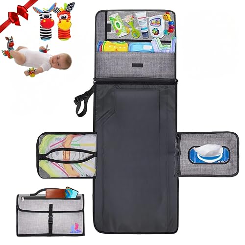 Wh-Hugs Cambiador bebe portatil y plegable XL. Cambiador portatil bebe incorpora 6 bolsillos para guardar pañales o llevar en bolso carro bebe. perfecto regalo recien nacido.Se regala Sonajeros Bebe