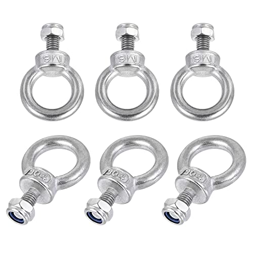 Image of uxcell Lifting Eye Bolt M6 x 12mm Male Thread with Hex Screw Nut for Hanging Securing Chain Wire Rope, 304 Stainless Steel, 6 Sets