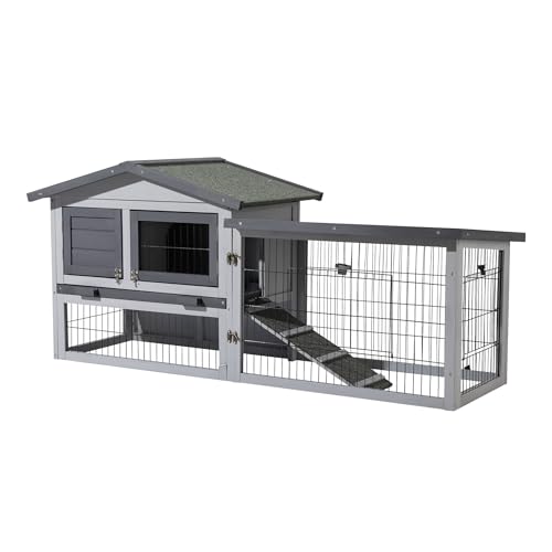 Wiltec Hühnerstall 1535 x 525 x 685 mm hellgrau mit Freilauf und Schlafhaus aus Holz, Hühnerhaus mit Unterschlupf, Gitter und Kotwanne verzinkt
