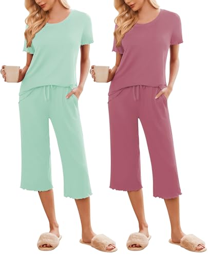 Image of Ekouaer 2 Pack: Women's Pajamas Set Short Sleeve Sleepwear Capri Pants Pjs Soft Loungewear with Pockets