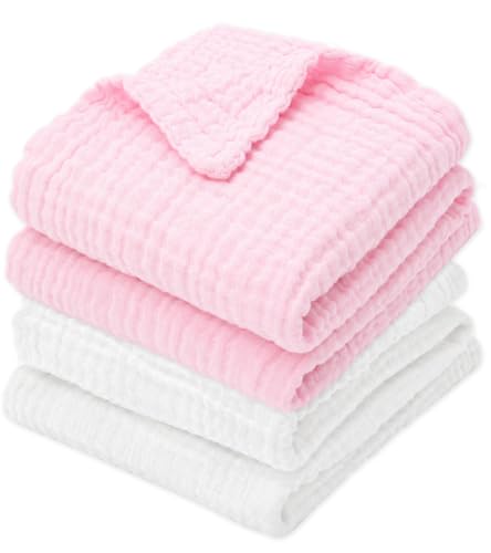 Image of Aablexema Muslin Baby Blanket 6-Layer 43"x43", 2-Pack(White & Pink) | Soft Cotton Receiving Blanket for Infant Swaddle Blanket Toddler Boys Girls Bath Towel, Newborn Essentials