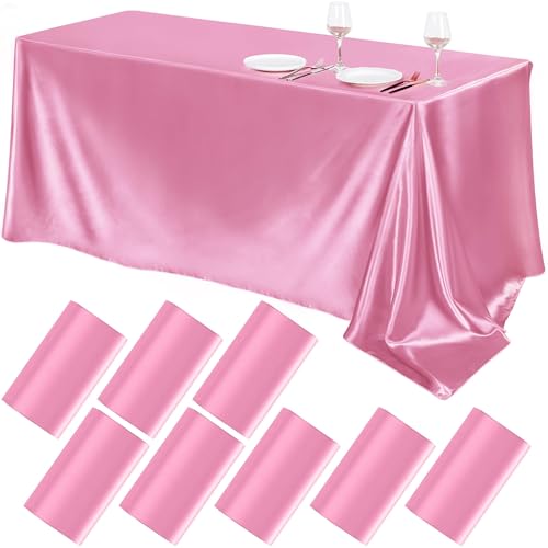Image of TURSTIN 8 Pack Pink Satin Tablecloth 102 x 58 Inch Overlay Table Cove