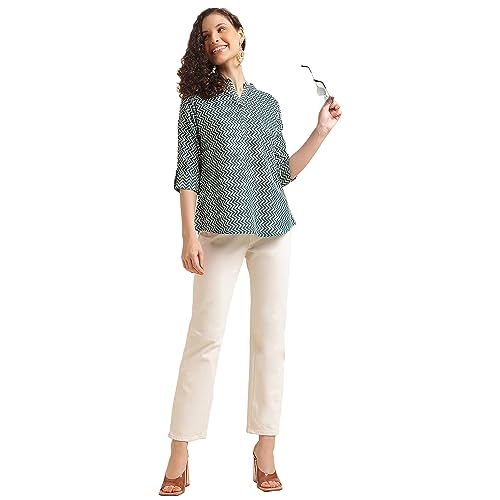 NAINVISH Tops for Women Printed Regular Fit Shirt, Tops for Women Stylish Latest|Office Wear Tops for Women|Cotton Blend Tops for Women|Mandarin Collar Top