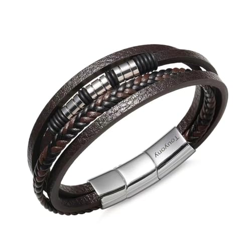 Mens Leather Bracelet Multi-Layer Braided Bangle for men Stainless Steel Jewelry Hand Accessories Gift for Men, Brown Black Blue