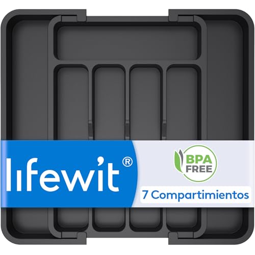 Lifewit Cubertero para cajones de 20 – 35 cm, 30 cm de profundidad, cajones ampliables, organizador de cocina, plástico negro