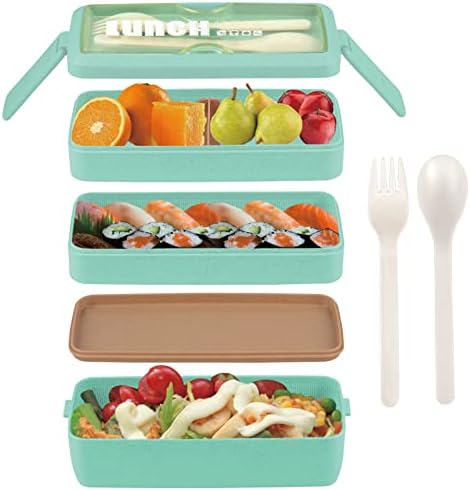 ASYH Bento Box Lunch Box, 3-in-1 Compartment Meal Prep Stackable Containers 1000ML, Japanese Style Lunch Box with Fork and Spoon for Adults School Office, Microwave Safe (Green)
