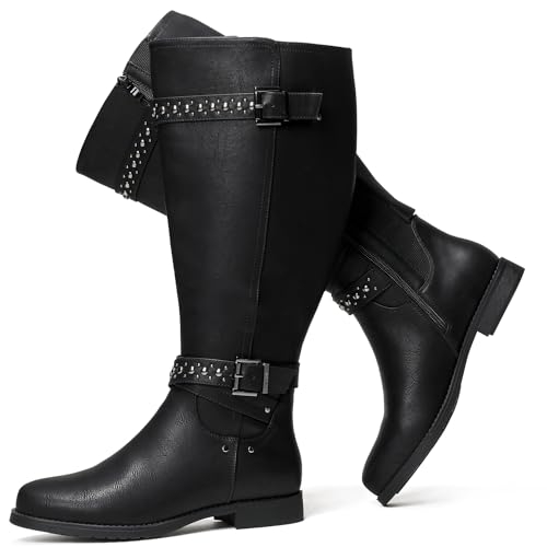 Luoika Women's Extra Wide Calf Knee High Boots, Chunky Low Heel Plus Size Boots Motocycle Ridding Boots.