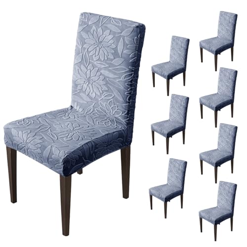 Image of House of Quirk Stretchy Universal Camellia Jacquard Waterproof Chair Cover Removable & Washable Short Dining Chair Cover Protector Seat Slipcover (Dark Blue,Pack of 8)