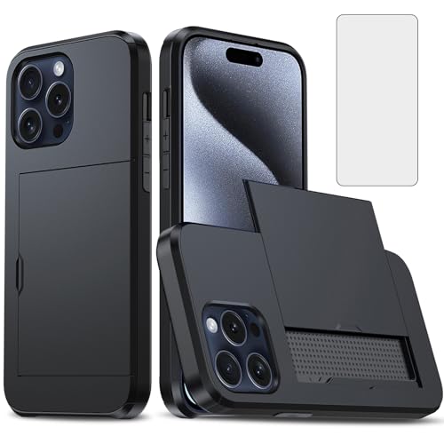 Coque iPhone 15 Pro 5G avec protège-écran en verre et étui portefeuille rigide 6,1 pouces