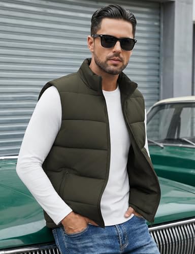 Image of WHN Men's Casual Puffer Vest Lightweight Full Zip Up Work Sleeveless Jacket Stand Collar Outerwear with 3 Pockets
