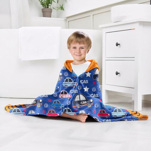 Image of Engineering Vehicle Boys Beach Towel with Hoodie for Kids Toddlers Age 4-8,Car Blue Bath Towels Shower Wrap for Boys, Hooded Poncho Beach Blanket for Pool Swimming Cute Wearable Bath Towel for Child