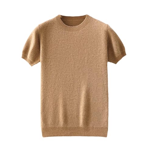 Men’s 100Percent Wool Short Sleeve Sweater Round Neck Plaid Knit Pullover Summer Casual Comfortable Breathable Top