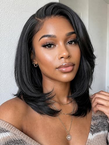 Image of KLAIYI Yaki Straight Bob Wigs Human Hair Bye Bye Knots Glueless Wig Pre Cut 7x5 Lace Front Wig Pre Beached Pre Plucked 3S Ready to Wear and Go Wig Light Yaki HD Transparent Lace Short Bob 150% 12Inch