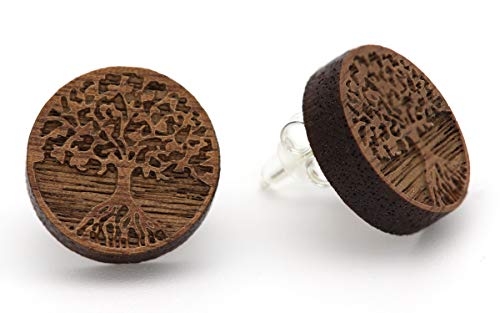 NaturSchatulle Holzohrringe Lebensbaum Gravur 15mm Holzschmuck Holz Ohrringe 925 Sterling Silber I natürliche Ohrschmuck Ohrstecker Damen