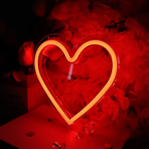 Image of Britrio Red Heart Neon Sign LED Decorative Night Lamp for Girl's Room Dorm Bedroom Wall Decor Neon Heart Light Sign Valentines Day Wedding Anniversary Birthday Party Home Decor Battery or USB Powered