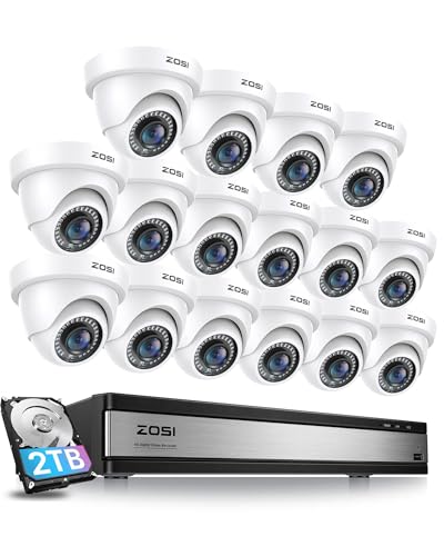ZOSI 16CH 1080P Kit Caméra de Surveillance Extérieur, 5MP Lite DVR avec Disque Dur 2 to, 16pcs Caméra Dôme 2MP, Vision Nocturne IR de 24 m, Détection de Mouvement et Alerte Instantanée