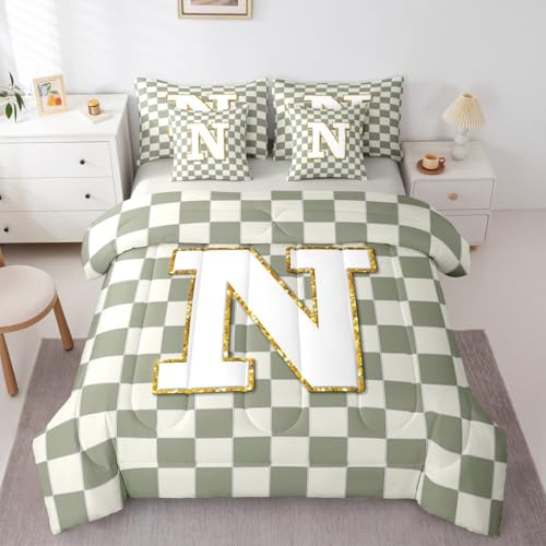 Image of Erosebridal Sage Green Checkered Full Comforter Set with Sheets 7 Piece Plaid Initial N Bed in A Bag Personalized Monogram Bedding Sets for Kids Adults,Fashion Grids Gingham Bed Set