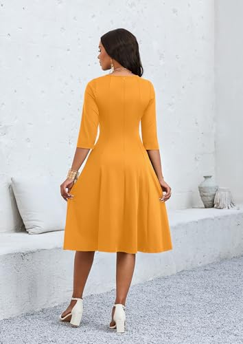 Image of CLOCOR Casual Midi Dresses for Women A-Line Fit and Flare Elegant Church 3 /4 Sleeve Crew Neck Dress with Pocket