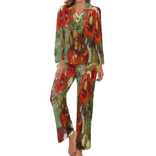 Pyjama à manches longues grande taille pour femme ensemble homewear à motif pavot vintage