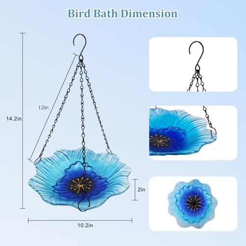 hogardeck 2 in 1 Floral Glass Bird Bath & Feeder - Hanging or Freestanding Outdoor Bird Bath with Sturdy 5-Pronged Base for Garden, Patio, Yard, Lawn Decor - 4