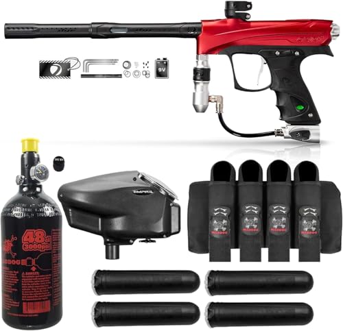 Maddog DYE CZR+ .68 Cal Full Auto Electronic Paintball Gun Marker Advanced Starter Package | HPA Tank, Empire Halo Too Loader, Neck Protector, Pro Harness & Paintball Pods - Red/Silver Dust