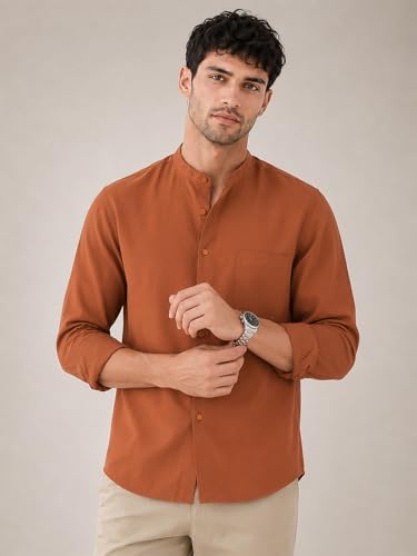 Image of Veirdo Men's Stylish Solid Casual Shirt | Chinese Collar Pure Cotton | Available in Black, Brown, Rust, Olive, White & Navy | Sizes S to XXL