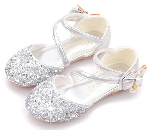 Little Kids Girls Adorable Sparkly Dress Shoes Party Low Heel Pumps Glitter Princess Mary Jane with Bowknot
