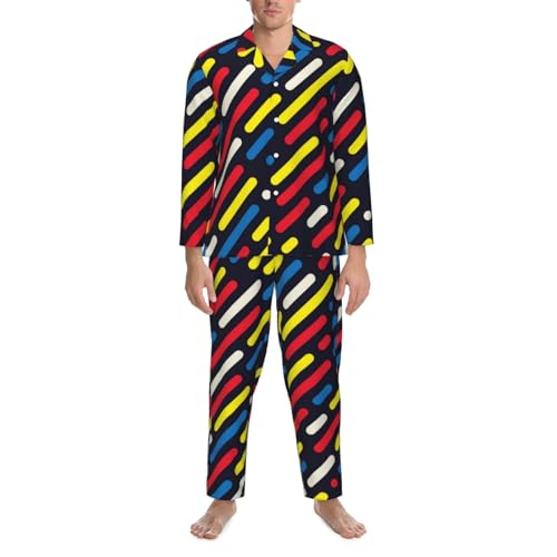 Colored Rounded Lines And Dots Mens Pajamas Set Button Down Sleepwear Set Long Sleeve Loungewear With Pockets