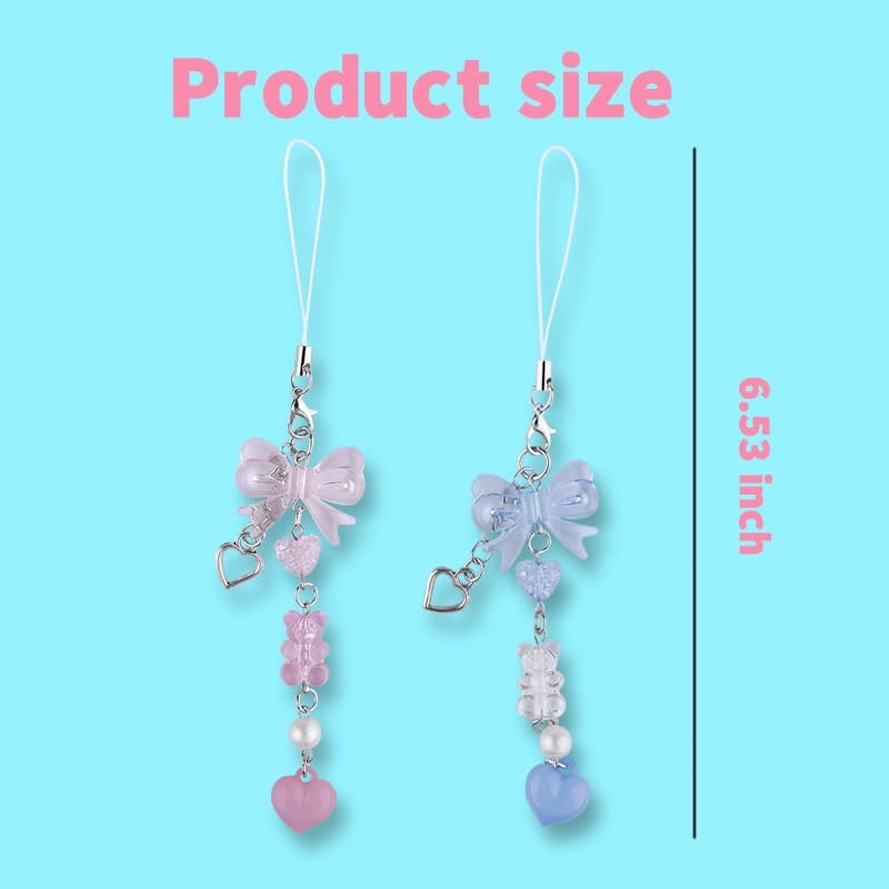 Aesthetic Phone Charm Pink Bow Charms for Phone Case Decorations Blue Cell Phone Keychain Strap Cute Y2k Accessories for Women Camera Bag Purse Charms with Bear Pendant Charm Decor for Phone Case 2Pcs - Image 2