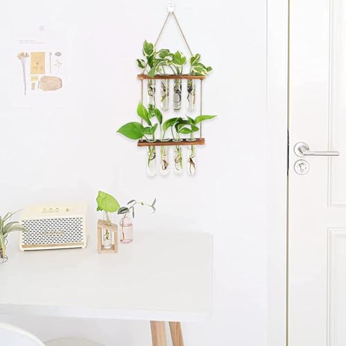 Unnosin Wall Hanging Planter, 2 Tiered Plant Propagation Stations Plant Terrarium with Wooden Stand, Glass Planter Test Tube Vase for Propagating Hydroponic Plants Home Garden Decor 8 Bulb Vase, Green - Image 6