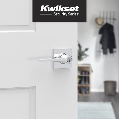 Image of Kwikset Casey Entry Door Handle with Lock and Key, Secure Keyed Reversible Lever Exterior, for Front Entrance and Bedrooms, Polished Chrome, 4 Pack, Pick Resistant SmartKey Rekey Security