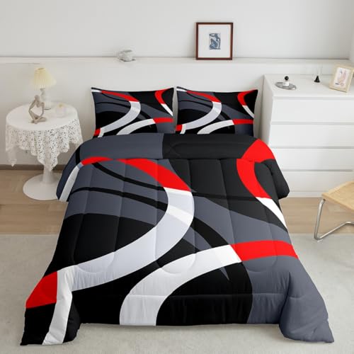 Geometric Circle Comforter Set Red Grey and Black Comforter for Kids Boys Girls Teens Geometrics Bedding Set Breathable Abstract Art Duvet Set Modern Luxury Room Decor Quilt Set Full Size