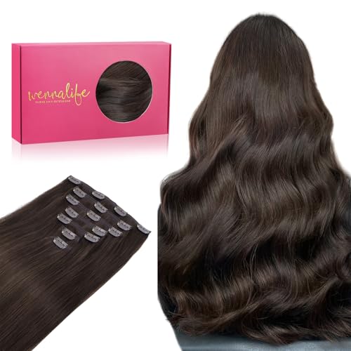 WENNALIFE Clip in Hair Extensions Real Human Hair, 20 Inch 120g 7pcs Light Dark Brown Remy Hair...