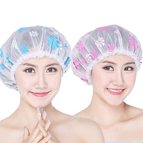 Cestval - 2 gorros de ducha impermeables de PE con patrón de flor de cerezo, gorro de ducha de pelo para mujeres, spa, uso doméstico, hotel y peluquería (color al azar)