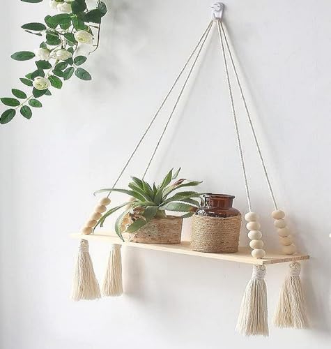 Image of Macrame Wall Hanging Shelf, Bohemian Floating Wooden Shelve for Bedroom, Living Room, Nursery and Marriage Party Decoration, White, 14x5x22 Inches, (Medium, 1-Piece)