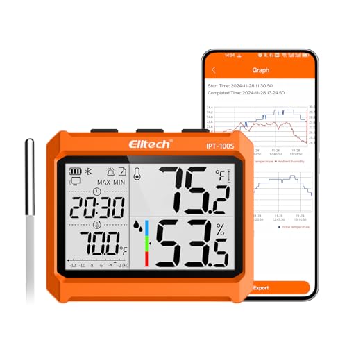 Elitech Digital Bluetooth Hygrometer Thermometer, Refrigerator Thermometer with Free APP, Real-Time Temperature Humidity Monitor with 4.5