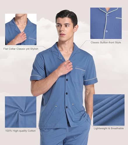 COLORFULLEAF Men's 100% Cotton Pajamas Set Button Down Sleepwear Short Sleeve and Long Pants Pjs2