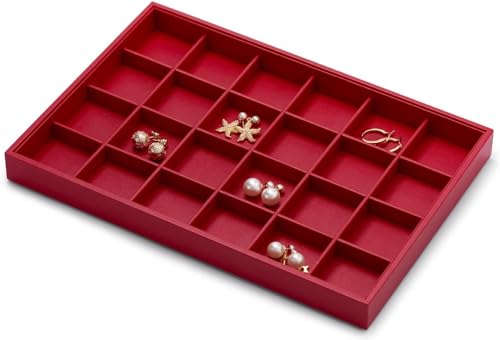 Leather Jewelry Trays 24 Grids Earrings Tray Jewelry Display Tray Stackable Ring Earring Organizer Tray Jewelry Trays For Drawers Rings Earrings Holder (Red)