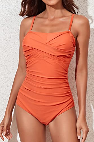 Image of Smismivo Tummy Control Swimwear Strapless One Piece Swimsuit Ruched Bathing Suits for Women Slimming Bandeau Tube Top Bikini