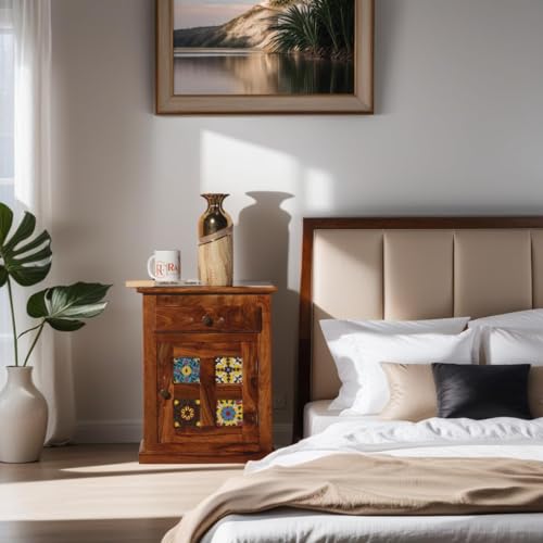 Image of Sheesham Wood Multipurpose Nightstand Small Side Table for Small Spaces End Table Bedside Tables with 2 Drawer & Shelf Storage for Living Room Bedroom (Design 3)