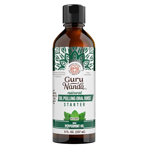 GuruNanda Starter Pulling Oil Mouthwash for Natural Teeth Whitening, Coconut and Peppermint Oil for Fresh Breath & Happy Gums, Alcohol-Free, 8 Oz