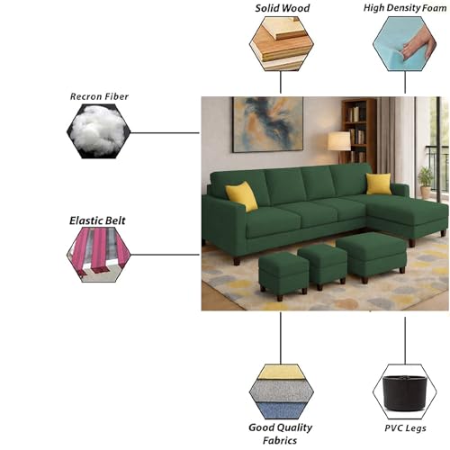 Image of Casaliving Rolando RHS 6 Seater L Shape Sofa with 2 Puffy & Ottoman Set for Living Room | Sofa Set for Living Room (Green) Premium Fabric 4 Seater Sofa