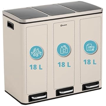 Homra Kitchen Bin 54L Sparq | Kitchen Pedal Recycling bin 3x18 Liters | Stainless Steel Pedal Bin | 3-Compartment Sorting System | Waste Separation System | Soft-Close Paper Basket | Cream White
