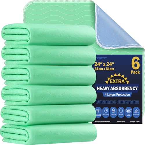 Image of 6 Pack 24” x 24” Extra Heavy Absorbency Washable Underpads, Waterproof Nursing Pads Incontinence Bed Pads, Reusable Washable Pee Pads for Dogs, Diaper Changing & Adults, Washable Puppy Pads