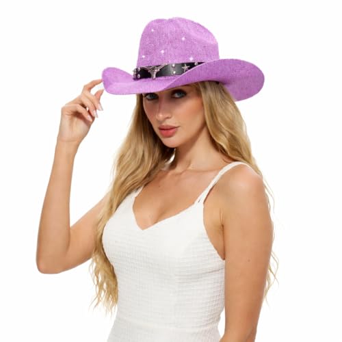 Sequin Cowboy Hat for Men & Women Sparkly Cowgirl Hat with Thread Detail Stylish Cowboy Hat Men Love for Parties Festivals & Western Outfits - Purple
