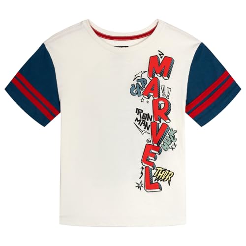 Image of Marvel Avengers Big Boys' 2-Piece T-Shirt and Shorts Set Ivory Blue 10-12 | 100% Cotton, Contrast Raglan Sleeves, Puff Screenprint Logo, French Terry Shorts with Pockets