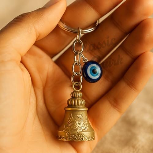 Image of Evil Eye Hooked Guardian Bell Keychain - Protective Lucky Charm Bell with Clip Hook for Bike, Car, Key & Bag | Spiritual Good Luck Talisman Gift