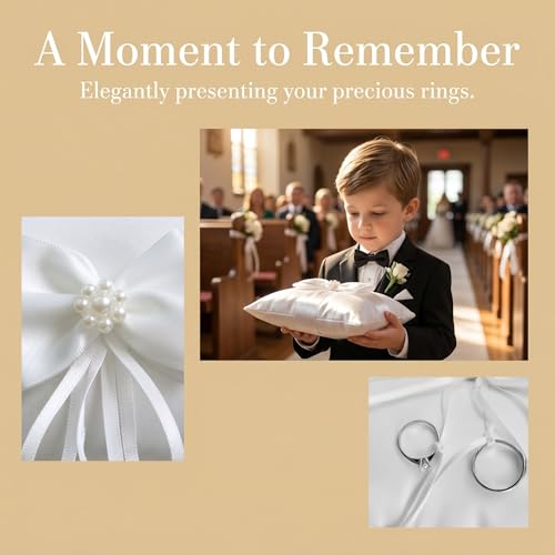 Image of Wedding Ring Bearer Pillow with Satin Bow, Pearl Detail White Ivory | Ivory satin fabric, pearl detail, classic bow, soft cushion, for wedding ceremony ring bearer