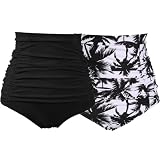 Picture of COCOPEAR Women's Ruched High Waisted Bikini Bottom Retro Vintage Swim Short Tankinis (Pack of 2) Black+Black Coconuts L/8-10